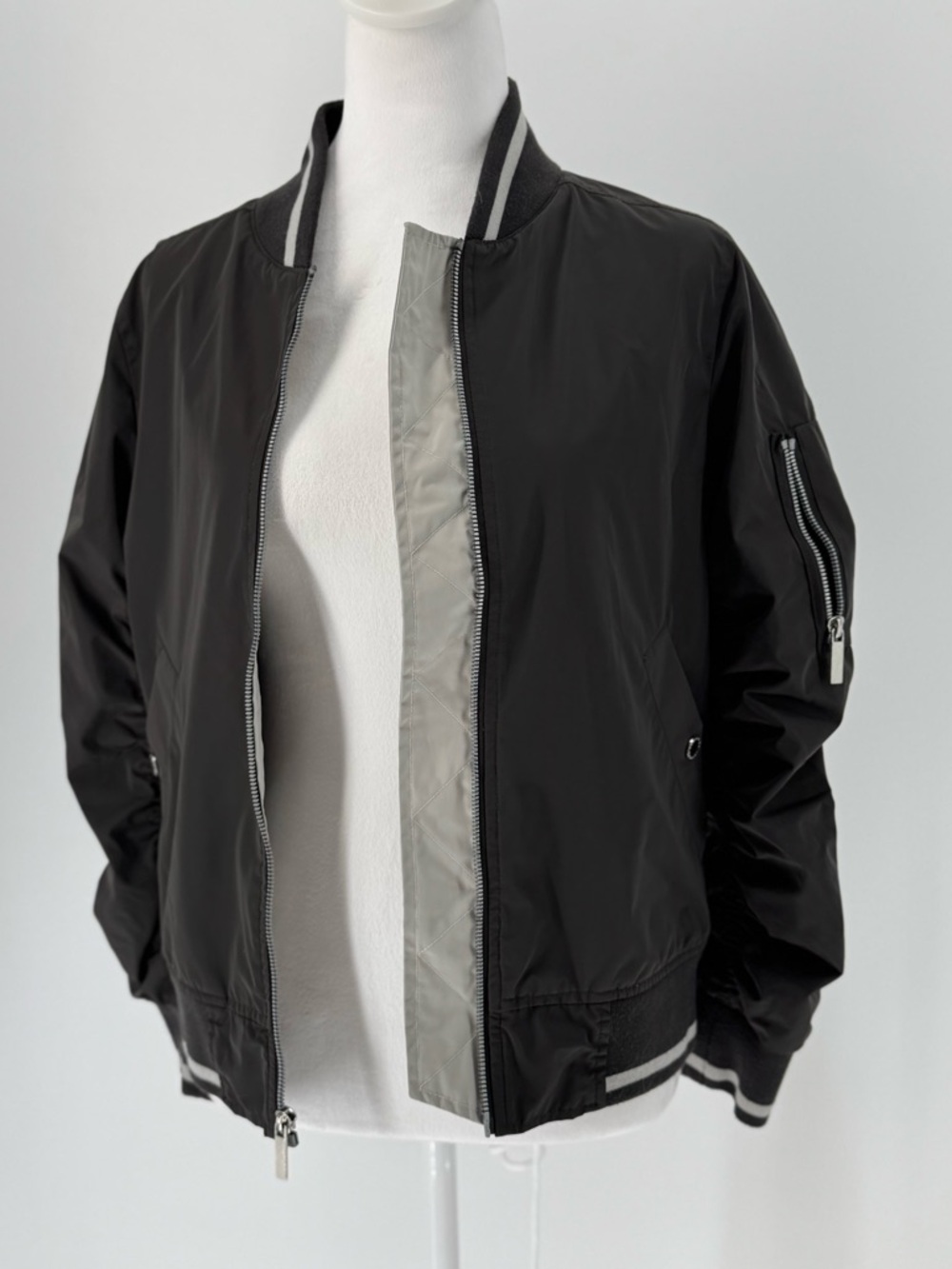 French Connection Dark Gray Bomber Jacket with Stripe Trim, Size S